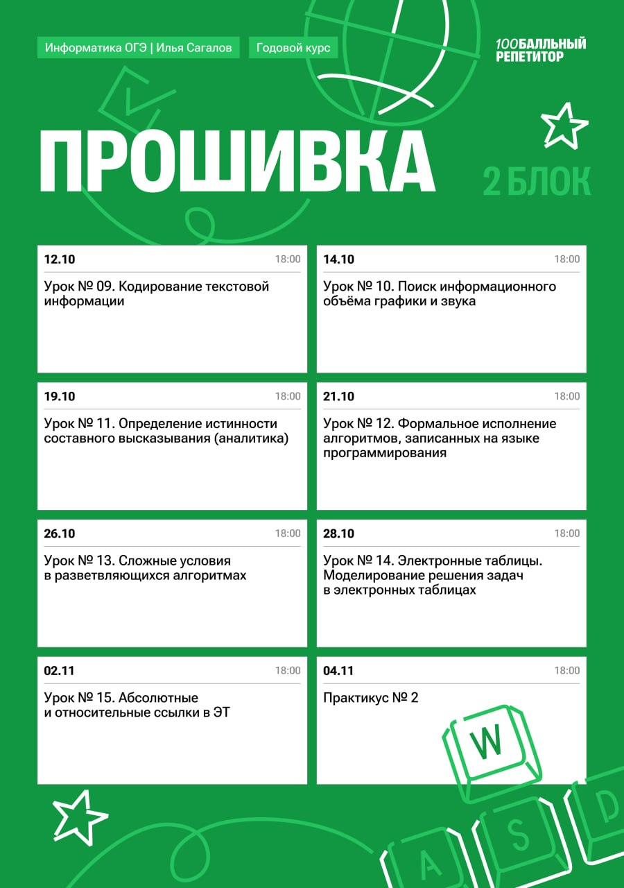 Расписание курса «Прошивка - годовой курс для подготовки к ОГЭ по информатике с Ильей Сагаловым»