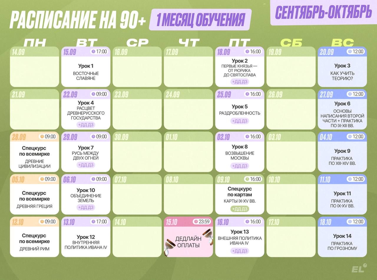 Расписание курса «Годовой курс для подготовки к ЕГЭ по истории с Олей Историчкой»