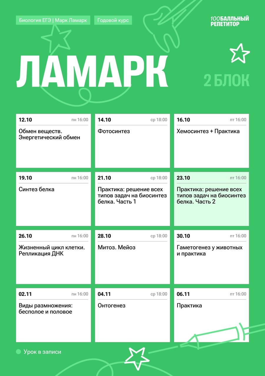 Расписание курса «Ламарк - годовой курс для подготовки к ЕГЭ по биологии с Марком Ламарком»